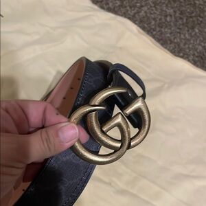 Designer dark gray  Leather Belt with Gold GG Buckle